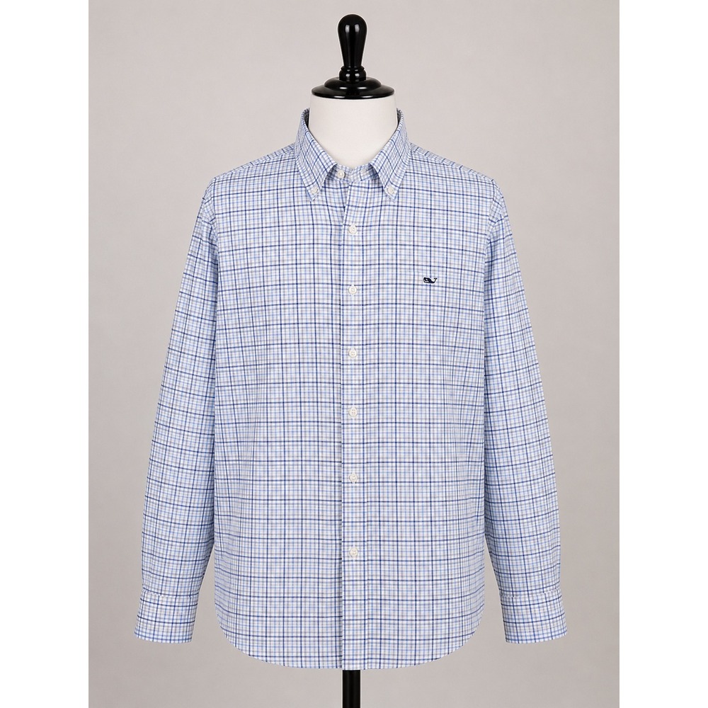 Vineyard Vines Mens Slim Fit Whale Shirt Blue Grey Plaid Button Down Large